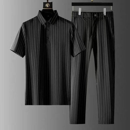 Men's Ice Silk Stripes Casual Suit - Trendy Short Sleeve Trousers Set - Buy Center