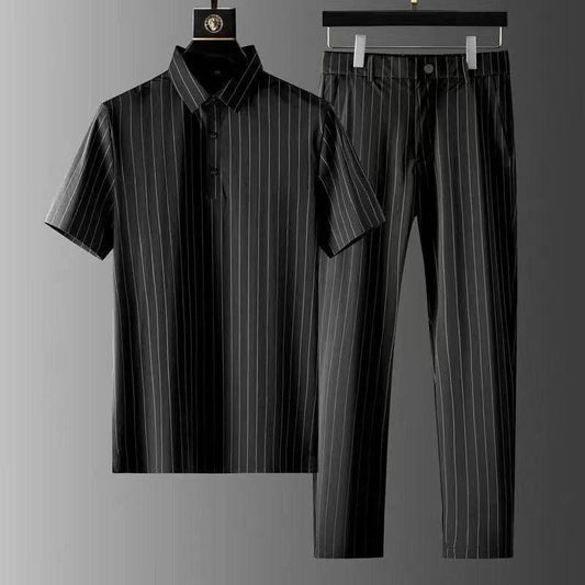 Men's Ice Silk Stripes Casual Suit - Trendy Short Sleeve Trousers Set - Buy Center
