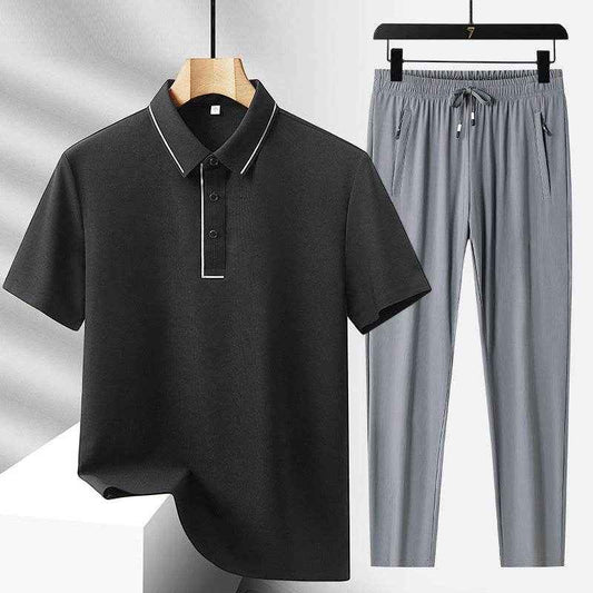 Men's Light Luxury Ice Silk Polo Shirt & Trousers Leisure Suit 2025