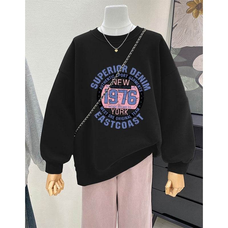 Retro Loose Round Neck Hoodie for Women - Cartoon Design & Long Sleeve - Buy Center