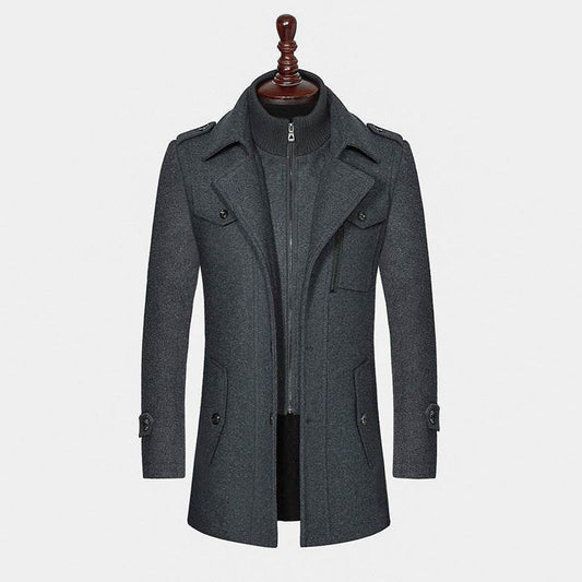 Stylish Men's Woolen Coat - Double Collar Zipper Jacket for Winter 2025 - Buy Center