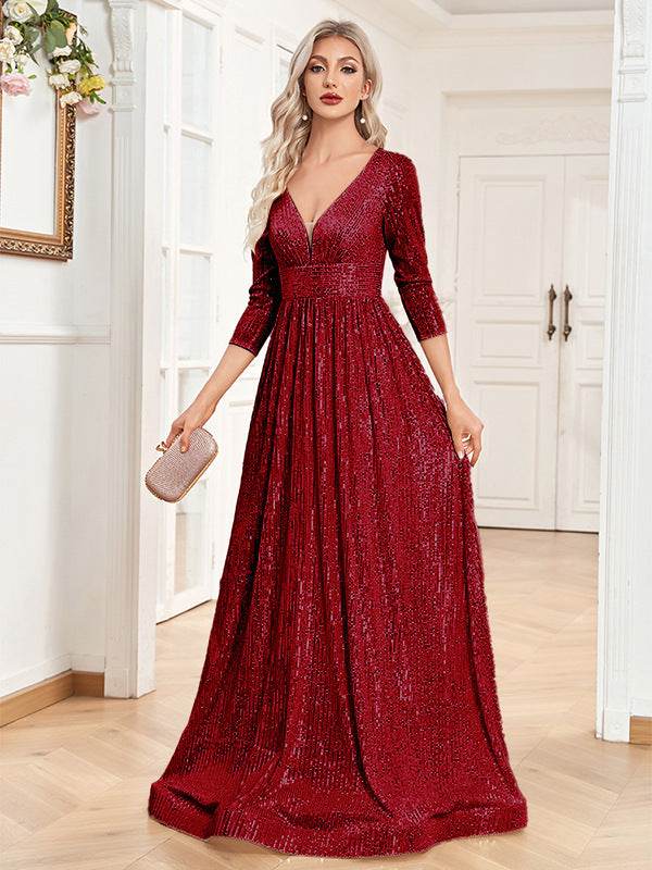 Buycenter V-neck Sequined Party Dress - High Waist, Elegant Evening Style - Buy Center