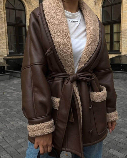 Korean Style Leather & Fur Coat - Trendy, Warm Long Sleeve Design - Buy Center