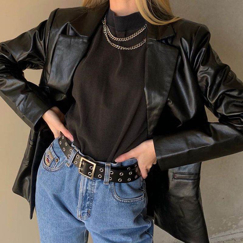 Buycenter Casual PU Leather Lapel Jacket - Stylish Medium Length for Everyday Wear - Buy Center