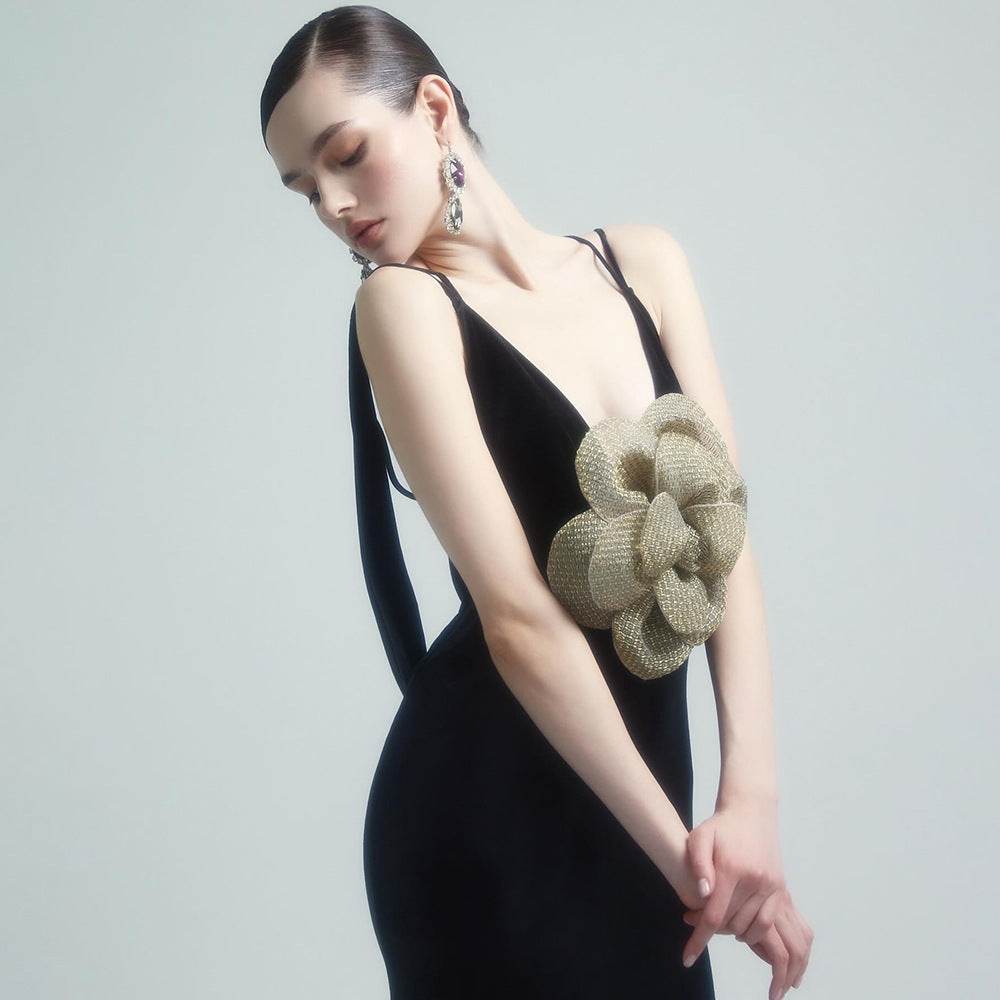 Elegant Black Camisole Dress - Backless Design with Golden Accent - Buy Center