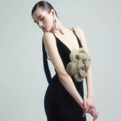 Elegant Black Camisole Dress - Backless Design with Golden Accent - Buy Center