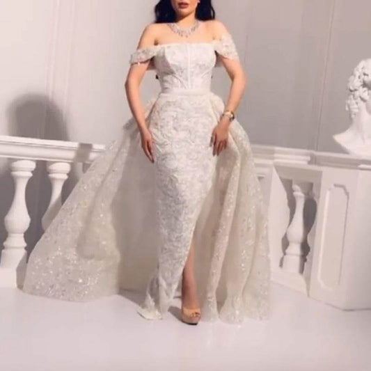 Buycenter Short-Sleeved Sequined Evening Gown - Elegant Polyester Dress - Buy Center