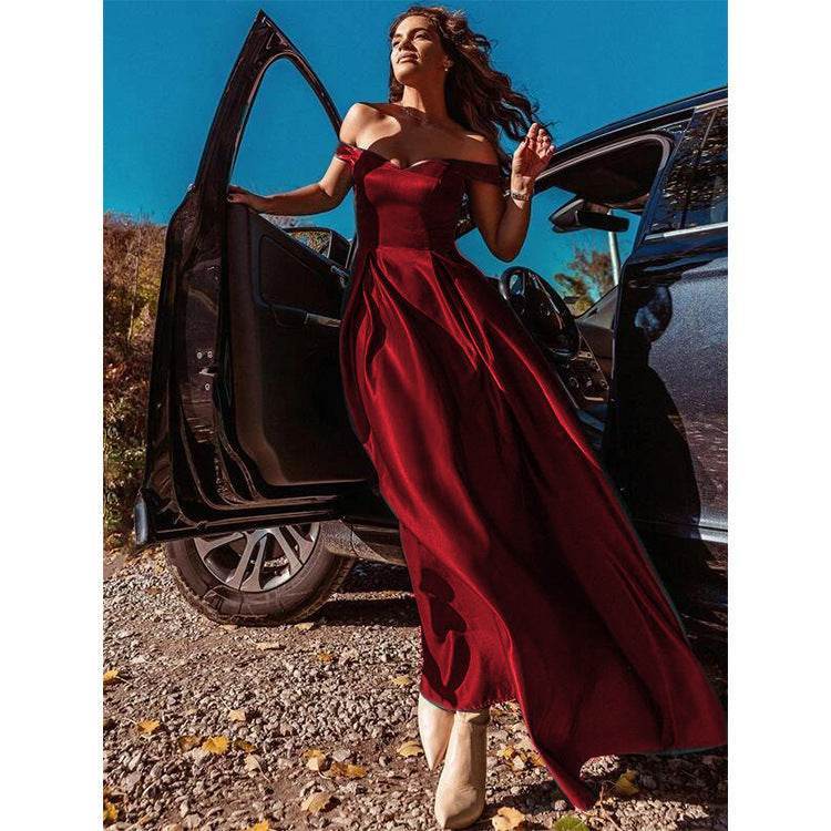 Buycenter Vintage Long Gown Dress - V-Neck, Solid Color, Elegant Style - Buy Center