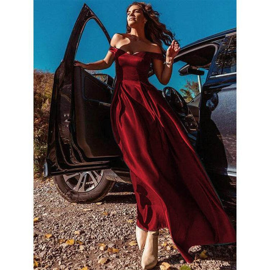 Buycenter Vintage Long Gown Dress - V-Neck, Solid Color, Elegant Style - Buy Center