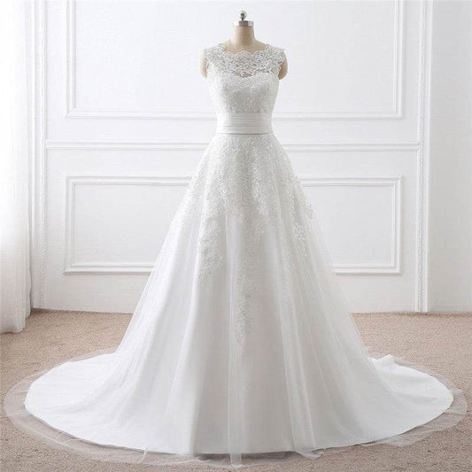 Elegant Two-Piece White Wedding Dress - Satin Fabric & Round Neck Style - Buy Center