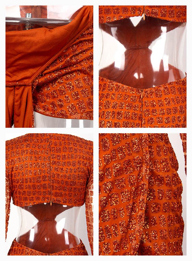 Buycenter Long Sleeve Mini Dress - Orange Deep V-neck Party Style - Buy Center