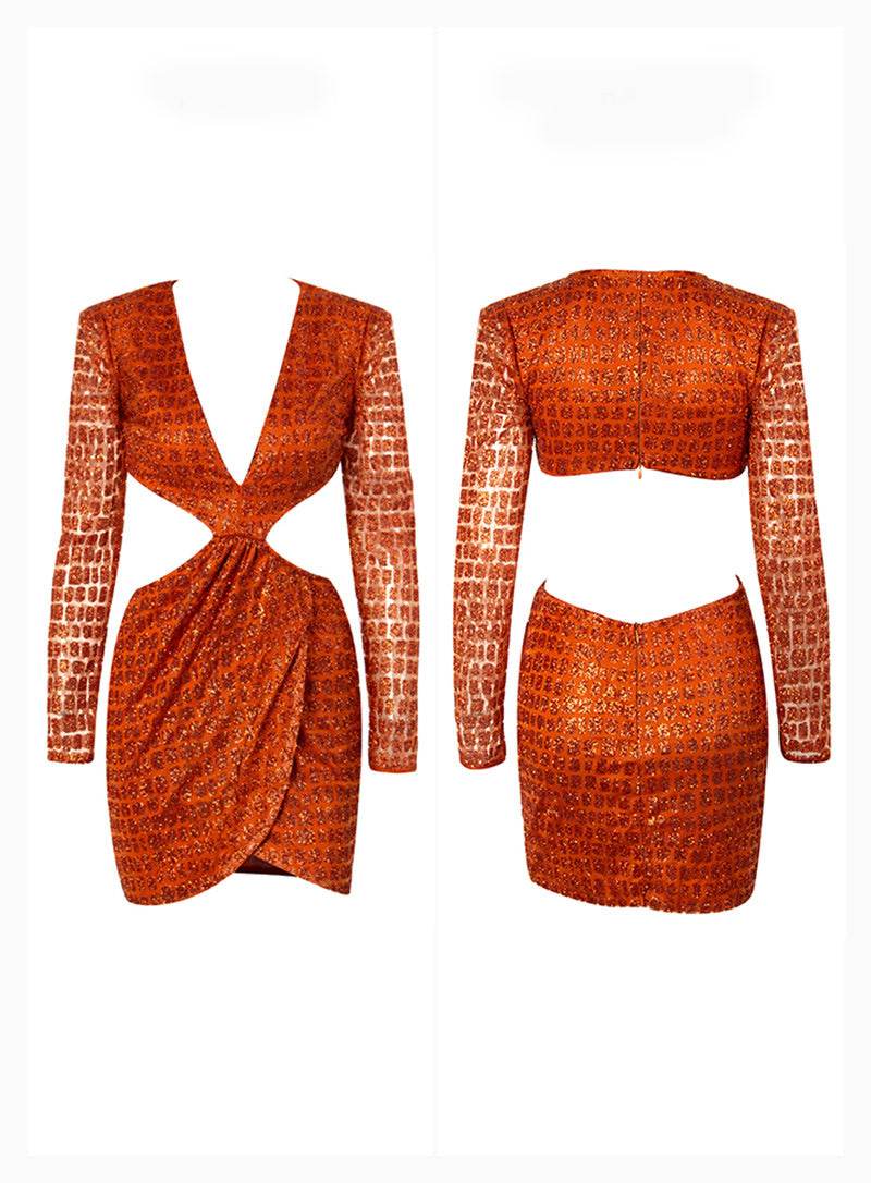 Buycenter Long Sleeve Mini Dress - Orange Deep V-neck Party Style - Buy Center