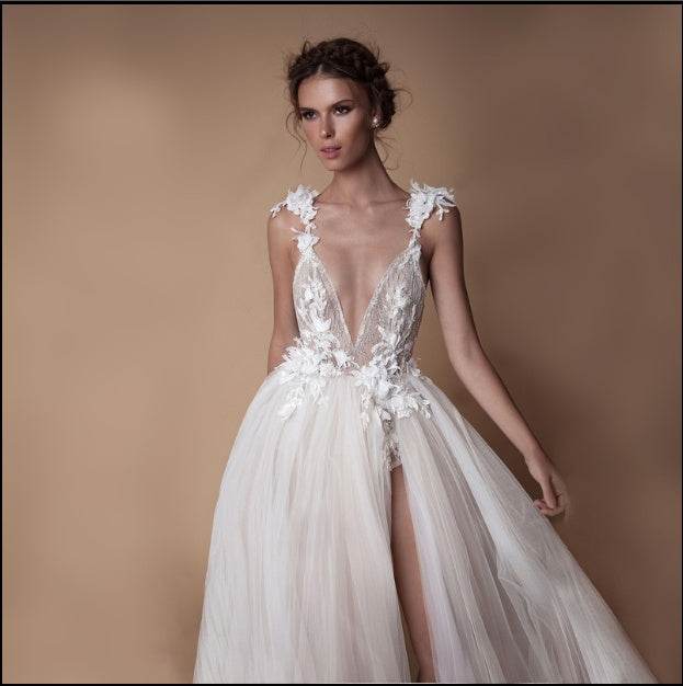 Angel Wedding Dress - Diamond Lace Collar & Chic High Slit Back Design - Buy Center