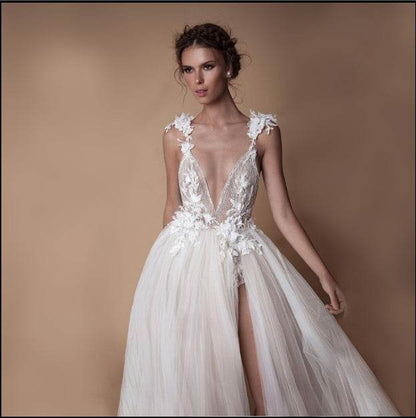 Angel Wedding Dress - Diamond Lace Collar & Chic High Slit Back Design - Buy Center