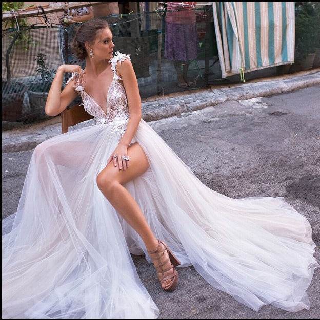 Angel Wedding Dress - Diamond Lace Collar & Chic High Slit Back Design - Buy Center
