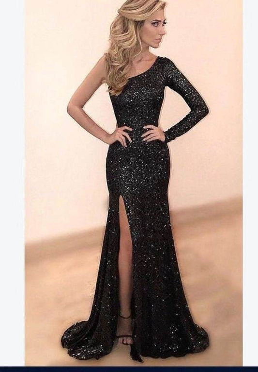 Women's One Shoulder Evening Dress - Long Sleeve, Stylish Bronzing - Buy Center