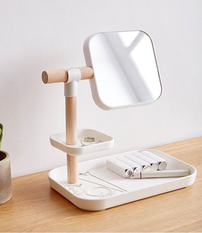 Elegant Beech Wood Makeup Box with Mirror - Stylish Desktop Organizer - Buy Center