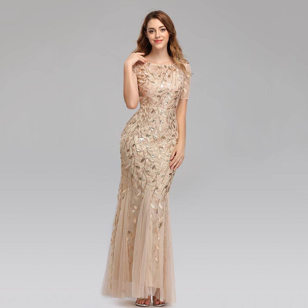 Buycenter Large Size Evening Dress - Slim Fit Pearl Mesh Fishtail Design - Buy Center
