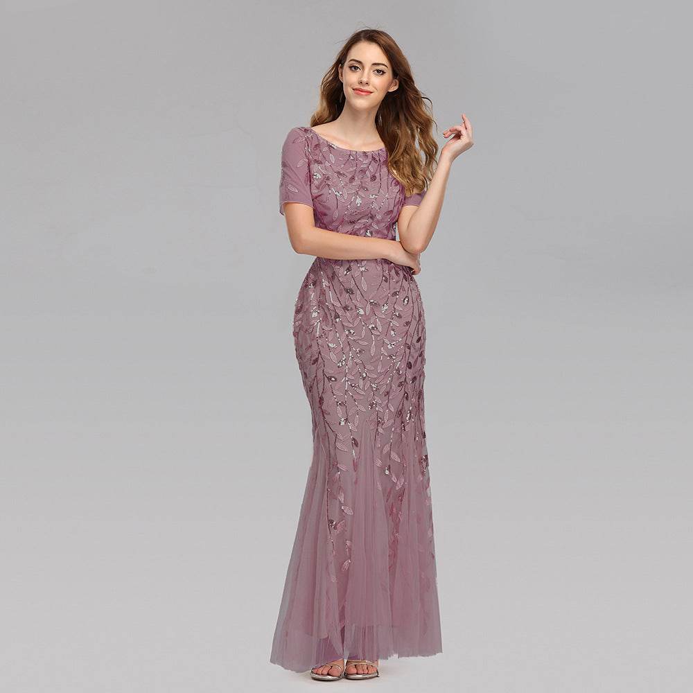 Buycenter Large Size Evening Dress - Slim Fit Pearl Mesh Fishtail Design - Buy Center