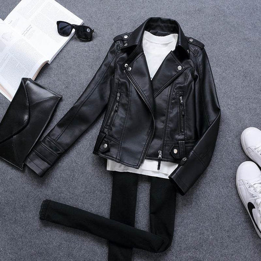 Buycenter Slim-Fit PU Motorcycle Jacket - Short Style for Women - Buy Center