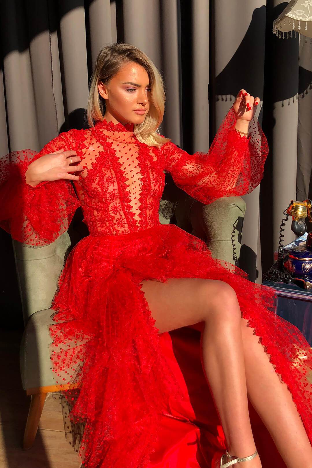 Buycenter Sexy Mesh Evening Dress - Long Sleeve Prom Dress in Red - Buy Center