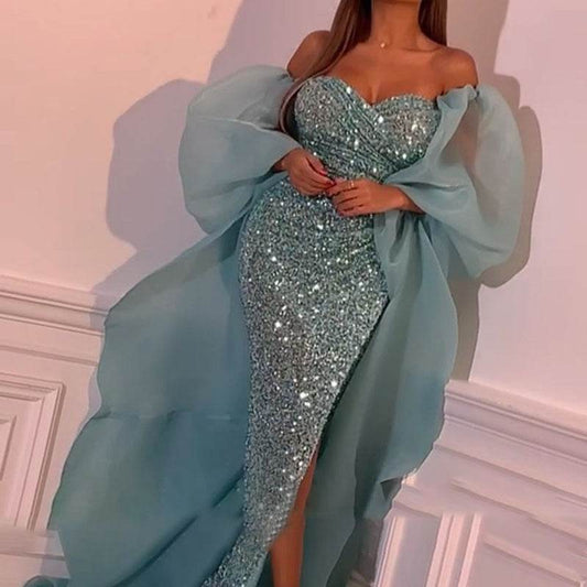 Buycenter Mesh-Covered Hip Ball Gown Dress - Elegant Green Evening Wear - Buy Center