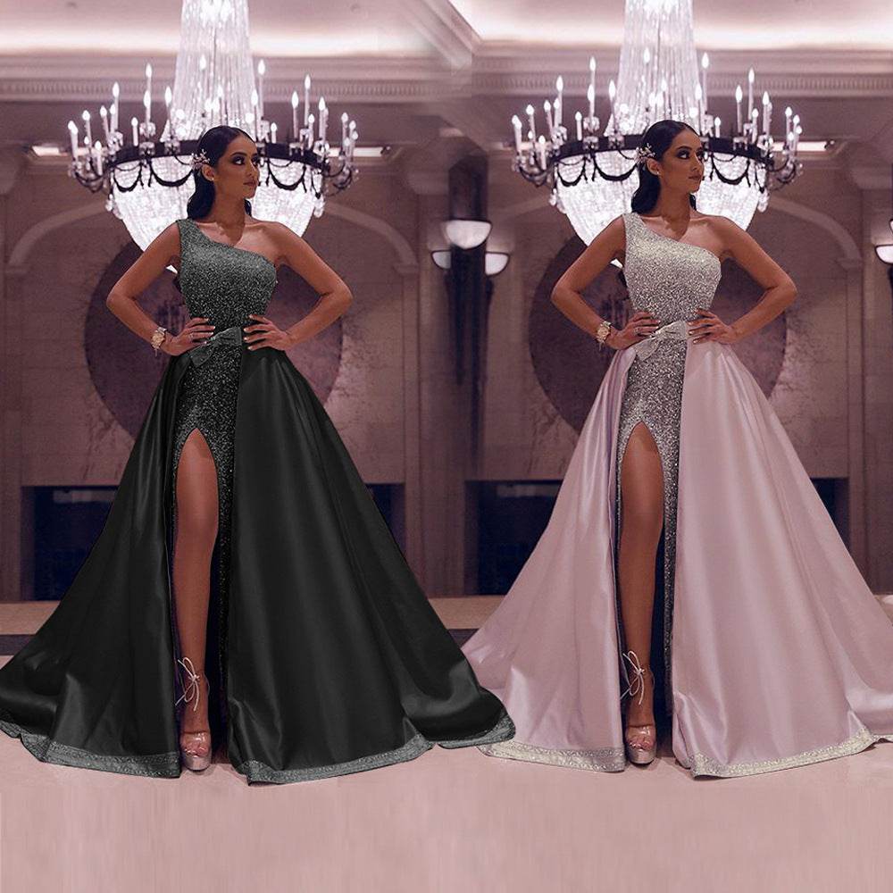 Buycenter One-Shoulder Mopping Evening Dress - Pink & Black Options - Buy Center