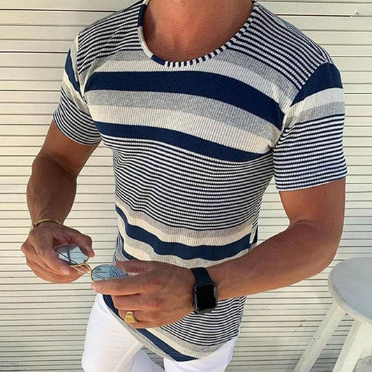 Buycenter Striped Woolen T-shirt - Round Neck Short Sleeve in Dark Blue - Buy Center