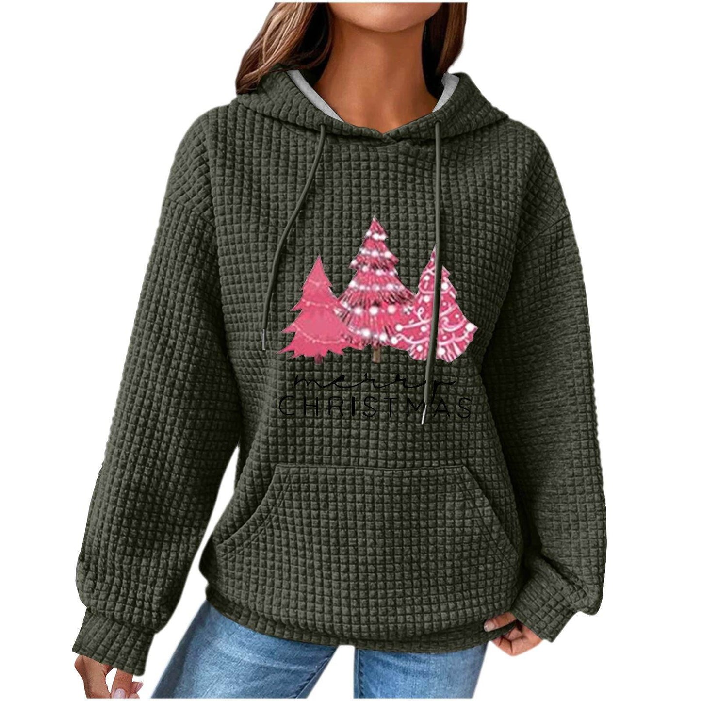 Women's Olive Green Hooded Waffle Sweater - Trendy Patchwork Design - Buy Center