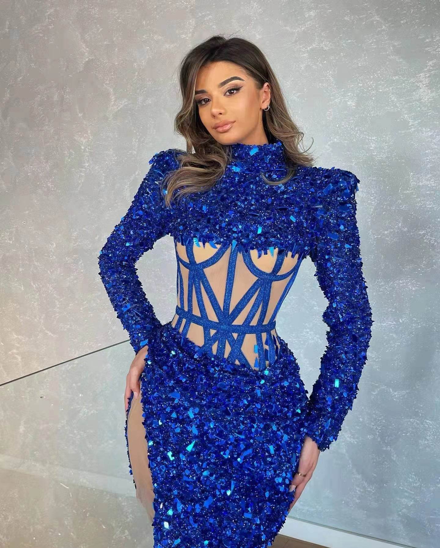 Buycenter Blue Sequin See-through Dress with High Slit - Elegant Evening Style - Buy Center