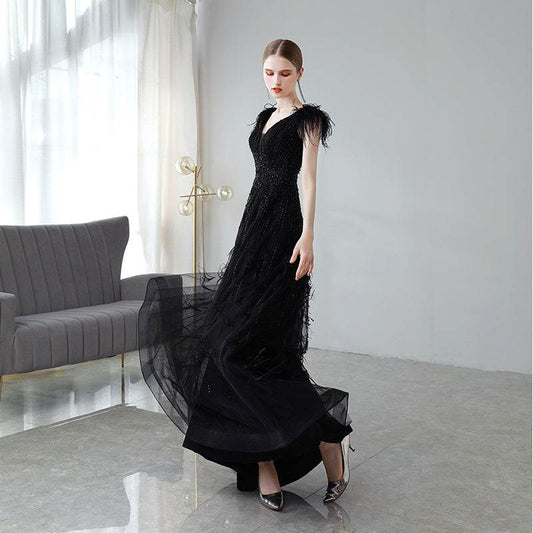 Buycenter Black Evening Dress for Women - Deep V-Neck & Princess Skirt - Buy Center