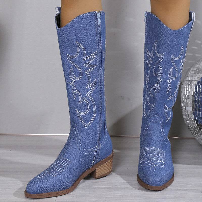 Buycenter Women's Chunky Heel Boots - Embroidered Round Head Design - Buy Center