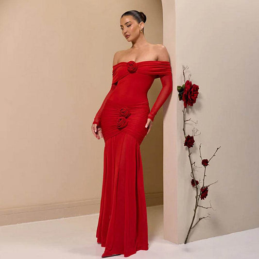 Buycenter Off-Shoulder Pleated Dress - Elegant High Waist Floral Style - Buy Center