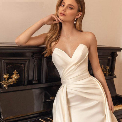 Elegant Satin Sheath Backless Wedding Dress with Detachable Train - Buy Center
