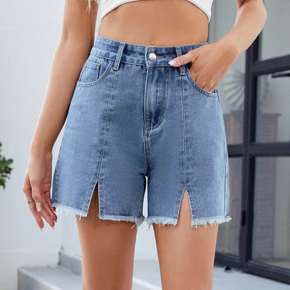 Buycenter Women's Washed Denim Shorts - Frayed Hem, Mid Waist Style - Buy Center