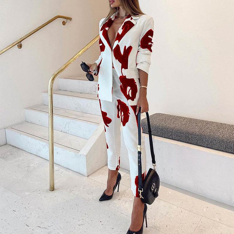 Buycenter Elegant Vintage Printed Business Suit - Casual Two-Piece Set - Buy Center
