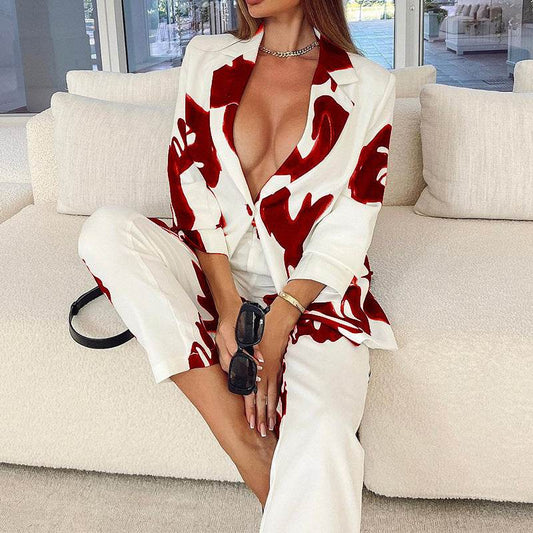 Buycenter Elegant Vintage Printed Business Suit - Casual Two-Piece Set - Buy Center