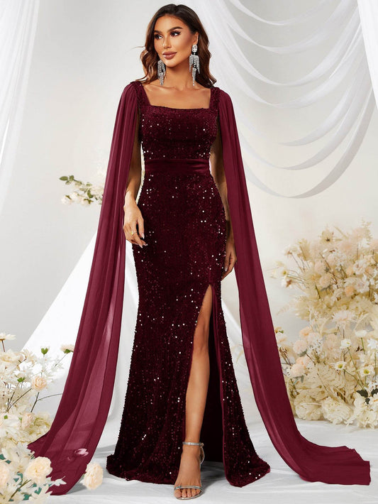 Buycenter Sequin Mesh Fishtail Dress - Elegant Wine Red Evening Skirt - Buy Center