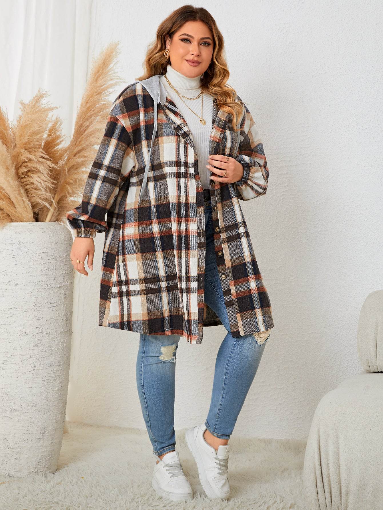 Buycenter Plus-Size Women's Plaid Hooded Trench Coat - Autumn Winter Style - Buy Center