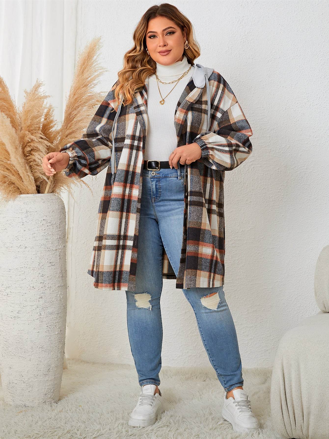 Buycenter Plus-Size Women's Plaid Hooded Trench Coat - Autumn Winter Style - Buy Center