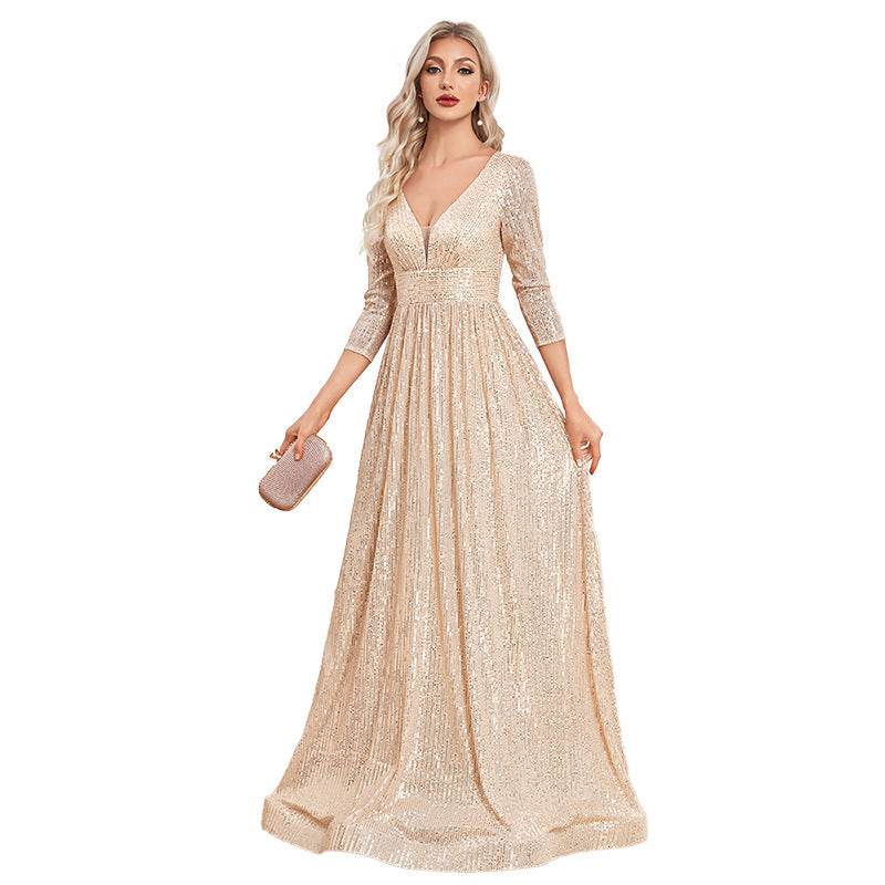Buycenter V-neck Sequined Party Dress - High Waist, Elegant Evening Style - Buy Center