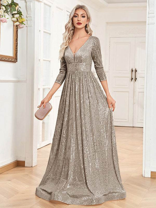 Buycenter V-neck Sequined Party Dress - High Waist, Elegant Evening Style - Buy Center