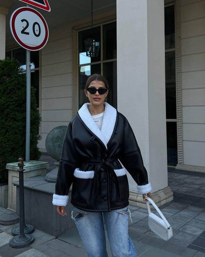 Korean Style Leather & Fur Coat - Trendy, Warm Long Sleeve Design - Buy Center