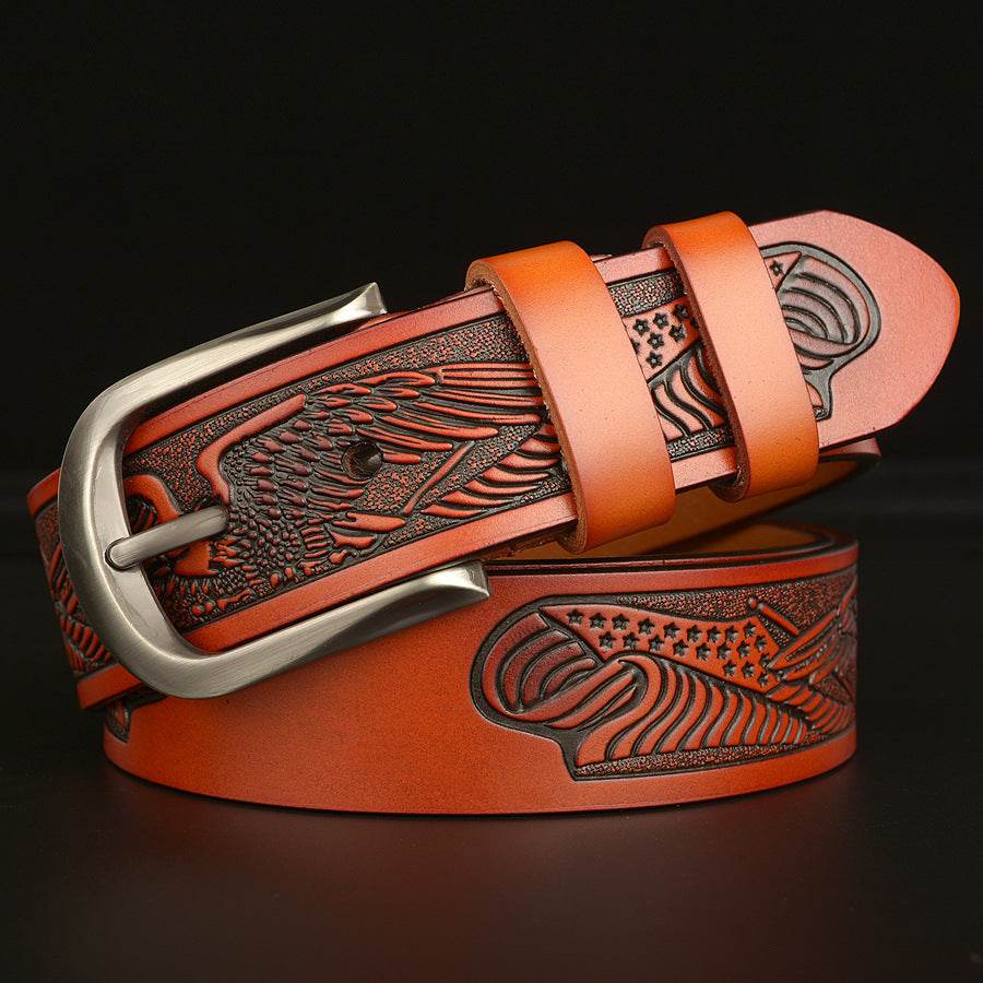 Men's Cut Cowhide Carved Belt - Stylish Alloy Buckle & Durable Design - Buy Center