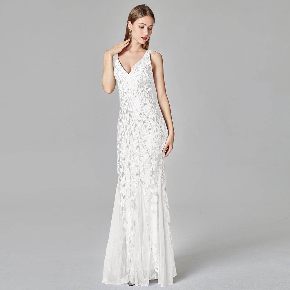 Buycenter Sleeveless V-Neck Mermaid Dress - Embroidered Sequin Elegance - Buy Center