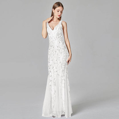 Buycenter Sleeveless V-Neck Mermaid Dress - Embroidered Sequin Elegance - Buy Center