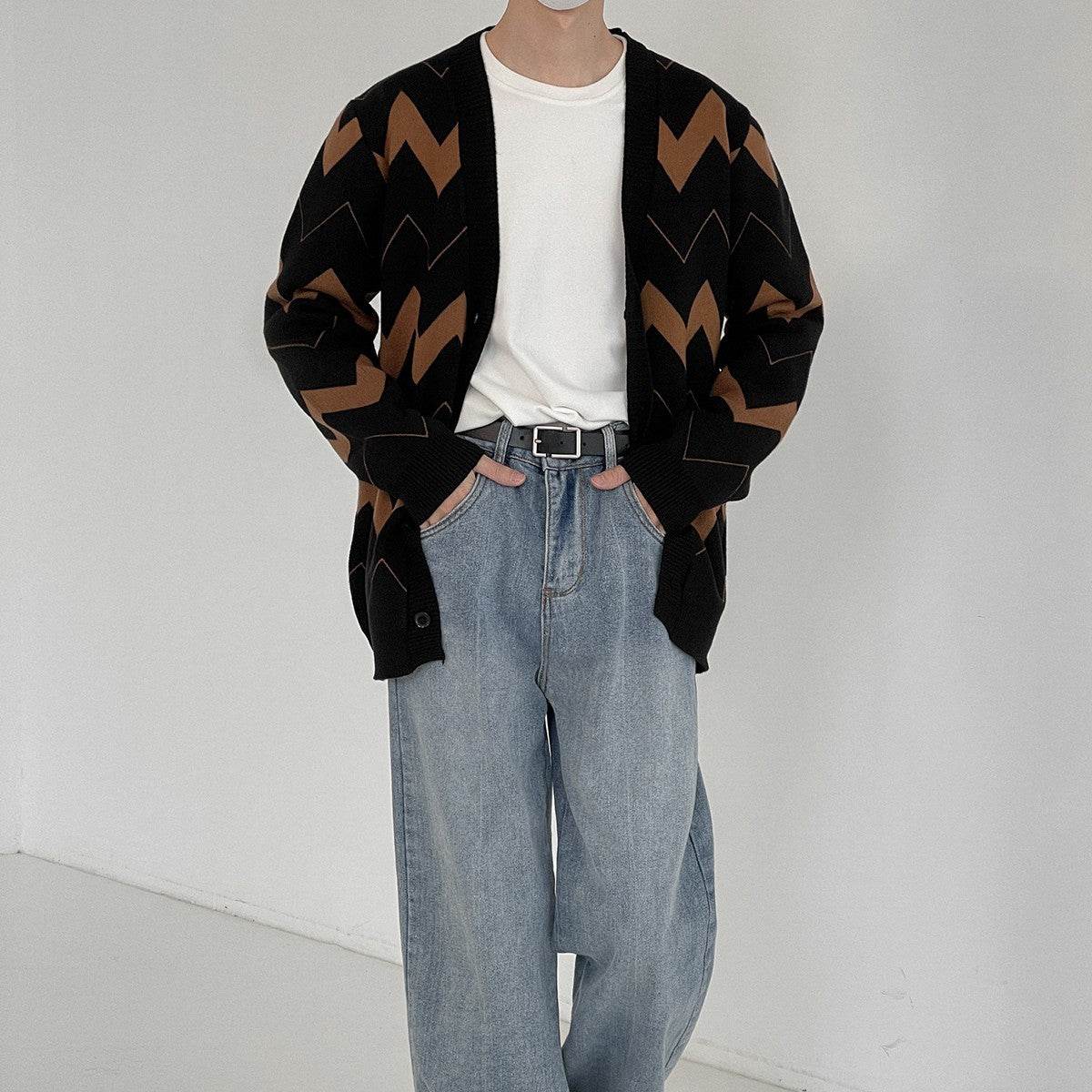 Buycenter Men's Wave Pattern Cardigan Sweater - Youth Pop Style - Buy Center