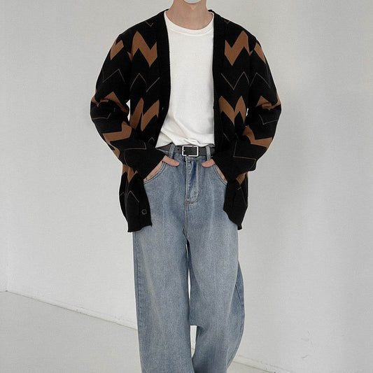 Buycenter Men's Wave Pattern Cardigan Sweater - Youth Pop Style - Buy Center