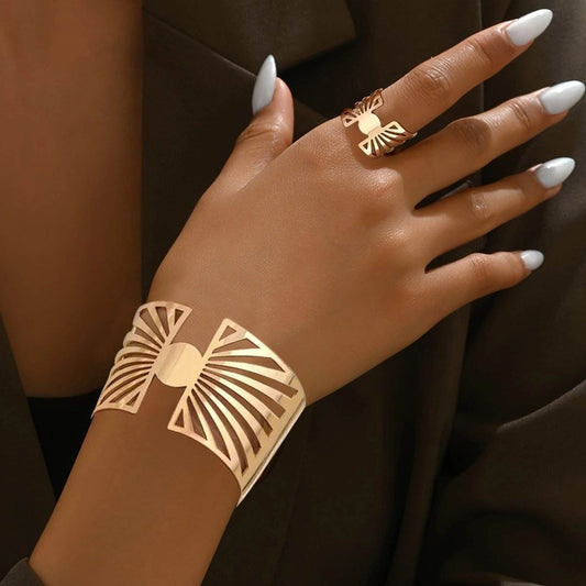 Buy Center 14K Gold Plated Geometric Ring & Cuff Set - Adjustable Elegance - Buy Center