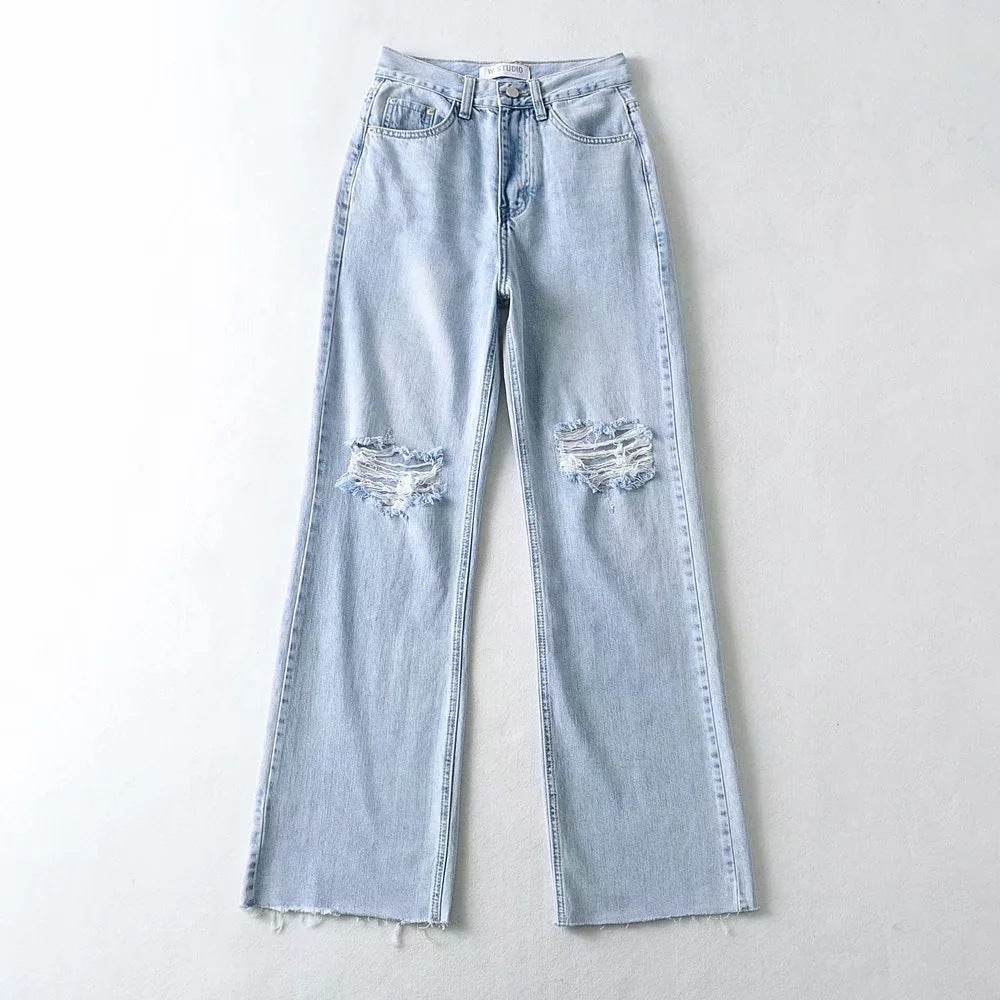 High Waist Light Blue Denim Straight Trousers with Holes - Street Style - Buy Center